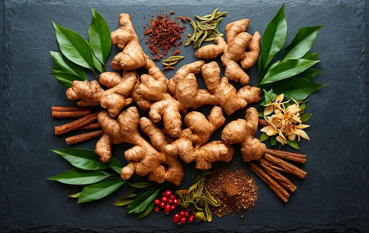 Fresh ginger and botanical textures